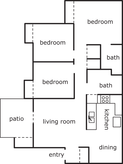 Floor plan for 3 beds, 2 baths, 1002 sqft